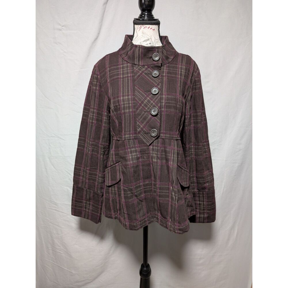 DKNY Jeans‎ Women's Brown Purple Plaid Button Jacket Funnel Neck Fall Coat Large